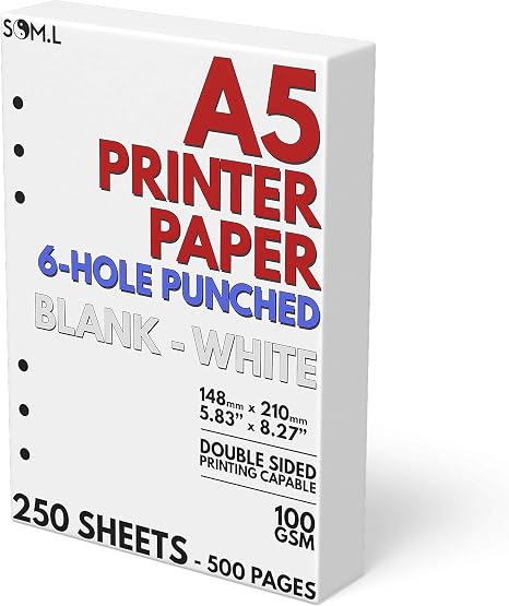 A5 Blank Paper 6-Hole Punched 250 Sheets